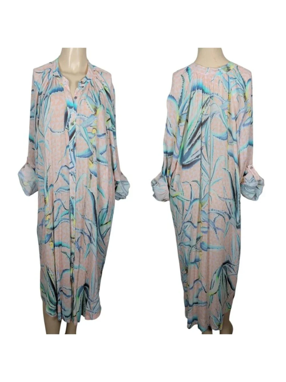 Mara Hoffman Swim Cover Up Dress L Peach Abstract Button Front Tunic Boho Resort